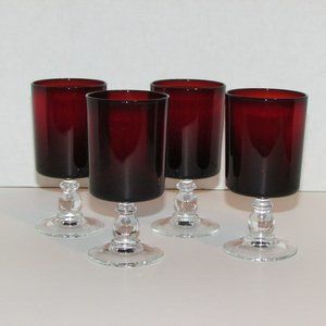 Vintage Ruby Red Glass Goblets 4 Wine Glasses Clear Ball Stem France 4 ounces